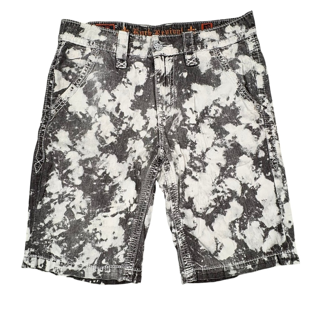 Rock Revival Jean Shorts Mens 32 x 11 Gray White Acid Tie Dye Cotton Embroidered